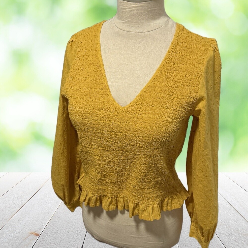 AMERICAN EAGLE Crop Top Goldenrod Boho Smocked Ruffle 100% Cotton Vneck Size L